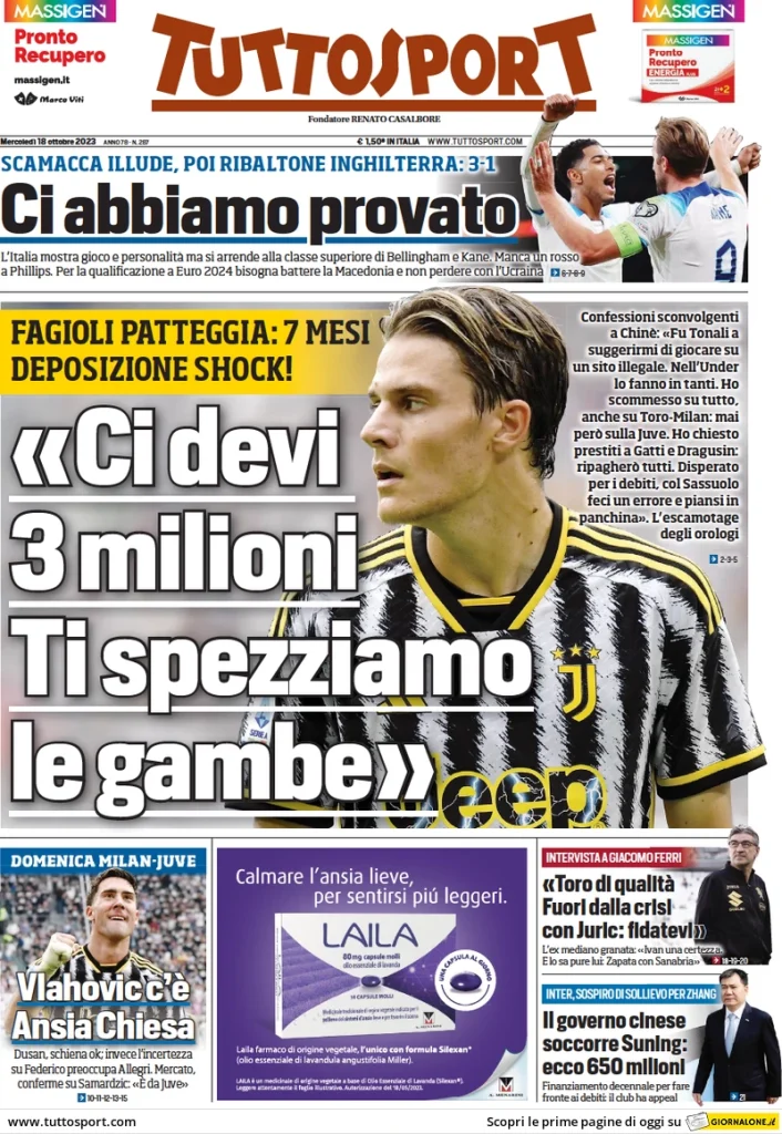 Le Prime Pagine Sportive Nazionali – 18 ottobre 29 tuttosport 014306431