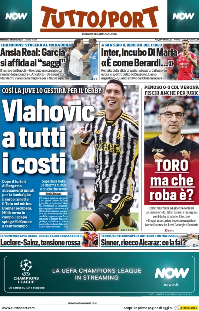 Le Prime Pagine Sportive Nazionali - 3 ottobre 29 tuttosport 014310913