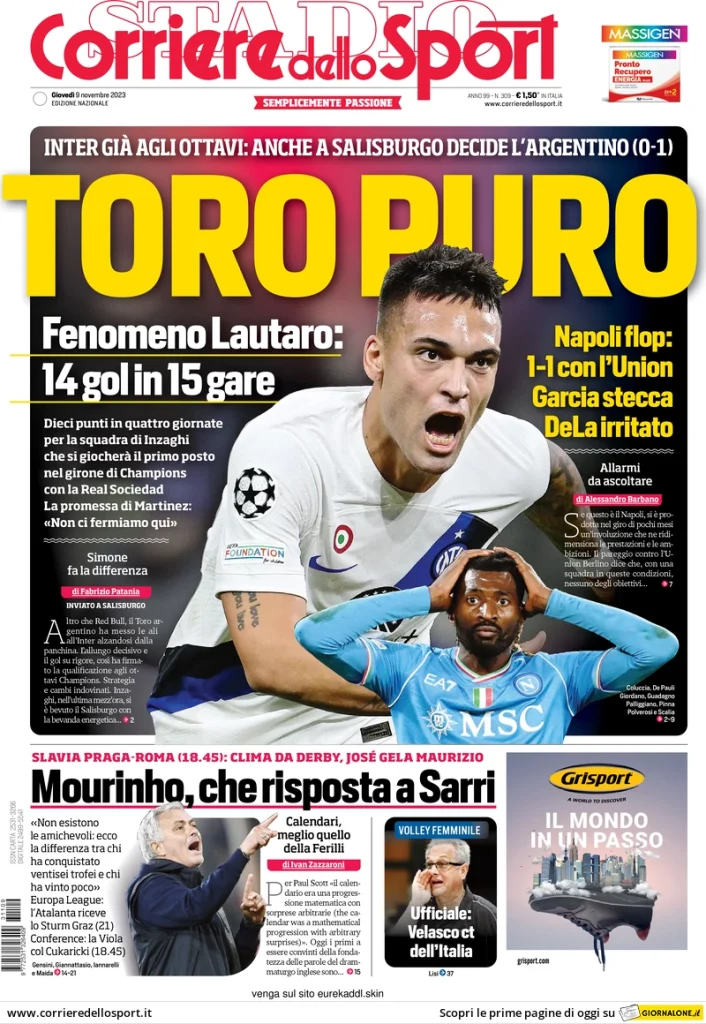 Le Prime Pagine Sportive Nazionali – 9 novembre 28 Corriere Sport 1