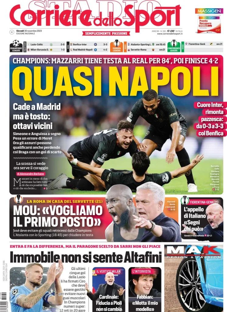 Le Prime Pagine Sportive Nazionali – 30 novembre 28 Corriere Sport 13