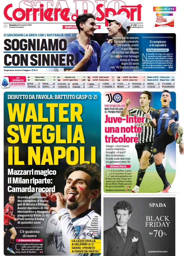 Le Prime Pagine Sportive Nazionali – 26 novembre 28 Corriere Sport 9