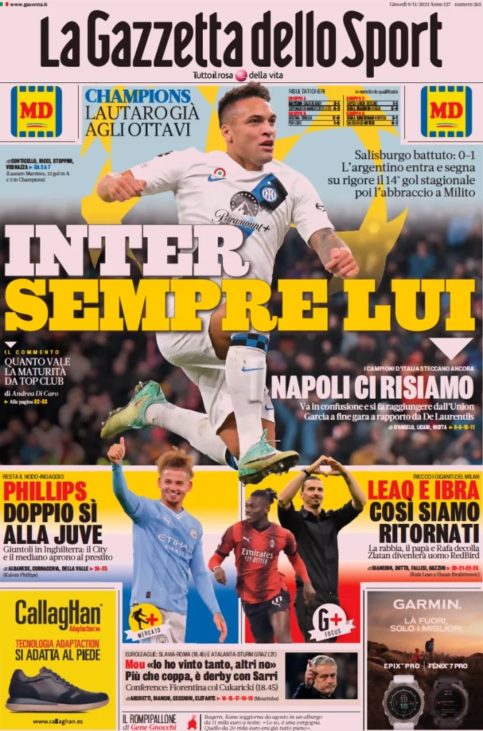 Le Prime Pagine Sportive Nazionali – 9 novembre 27 Gazzetta dello Sport 1