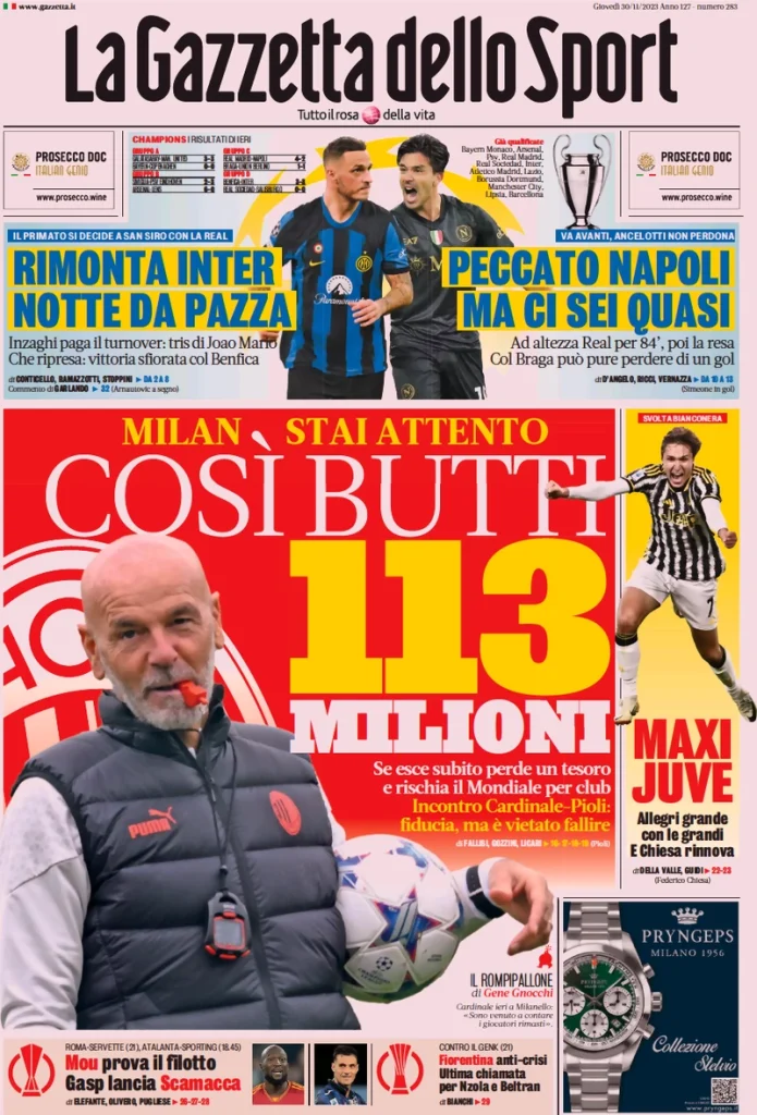Le Prime Pagine Sportive Nazionali – 30 novembre 27 Gazzetta dello Sport 12