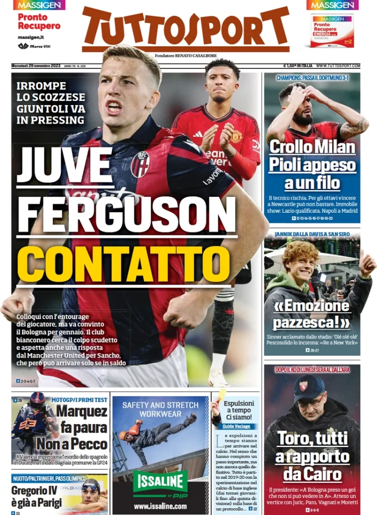 Le Prime Pagine Sportive Nazionali – 29 novembre 29 Tuttosport 11