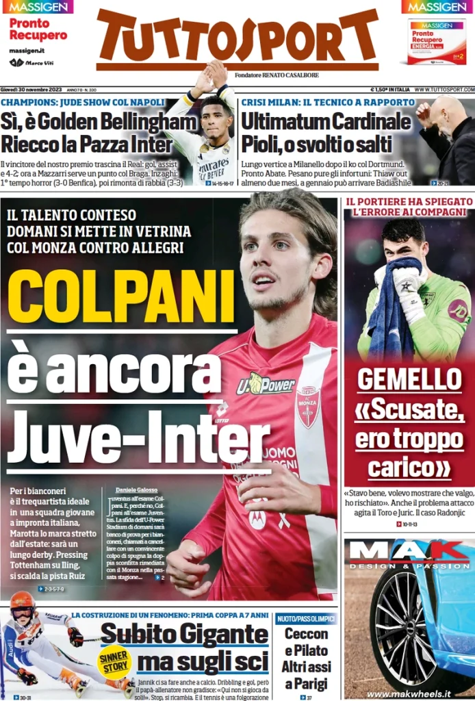 Le Prime Pagine Sportive Nazionali – 30 novembre 29 Tuttosport 12