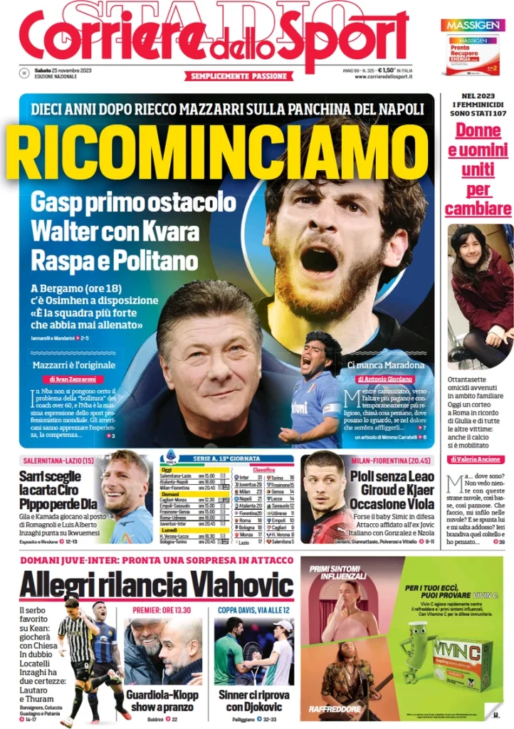 Le Prime Pagine Sportive Nazionali – 25 novembre 28 corriere