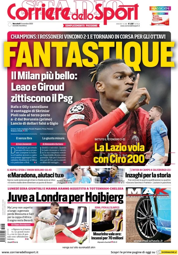 Le Prime Pagine Sportive Nazionali – 8 novembre 28 corriere dello sport 070706507