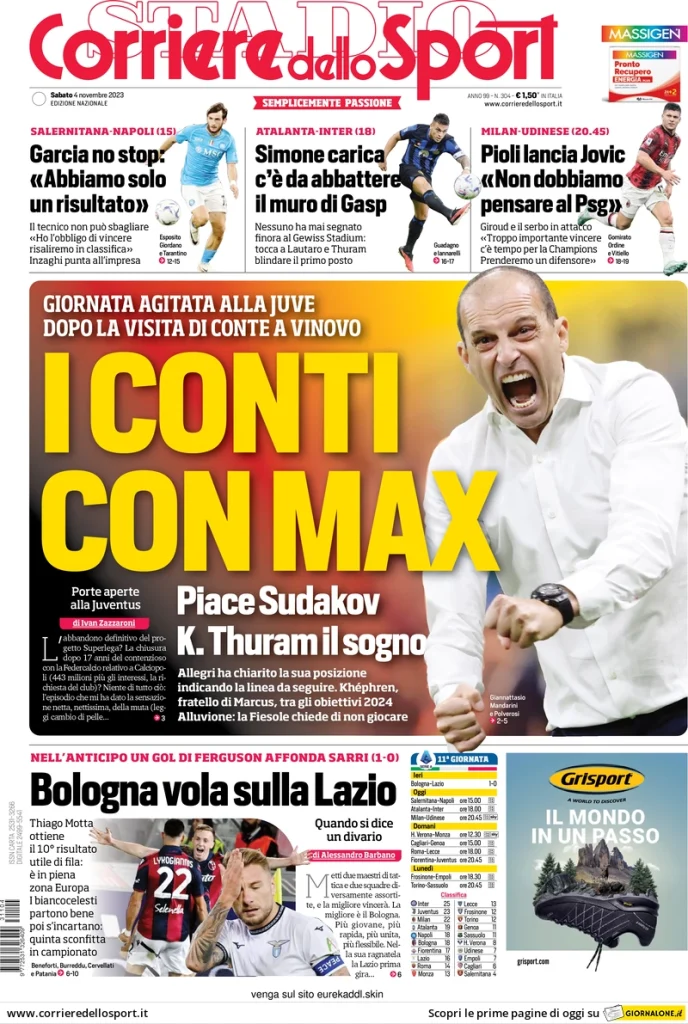 Le Prime Pagine Sportive Nazionali – 4 novembre 28 corriere dello sport 073820820
