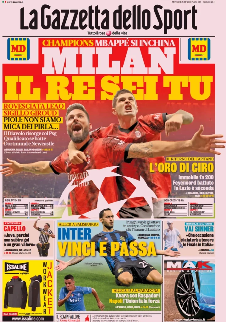 Le Prime Pagine Sportive Nazionali – 8 novembre 27 la gazzetta dello sport 040304745