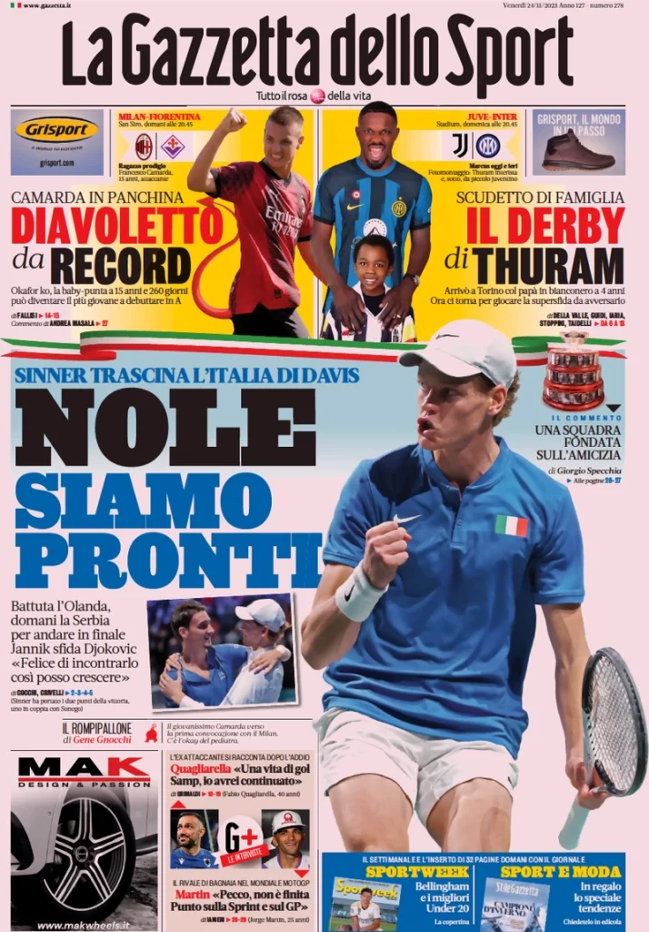 Le Prime Pagine Sportive Nazionali – 24 novembre 27 la gazzetta dello sport 042306614