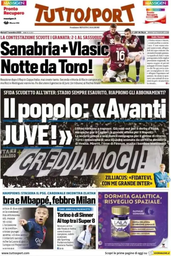 Le Prime Pagine Sportive Nazionali – 7 novembre 27 tuttosport 002028690 684x1024 1