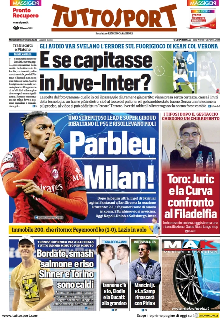 Le Prime Pagine Sportive Nazionali – 8 novembre 29 tuttosport 015305096