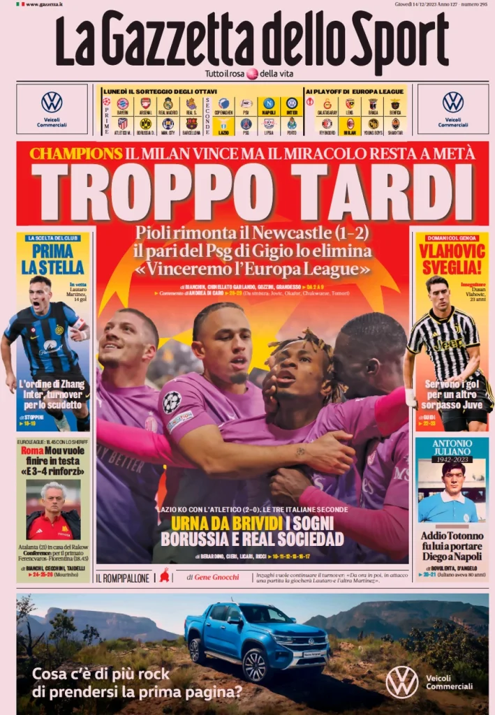 Le Prime Pagine Sportive Nazionali – 14 dicembre 27 Gazzetta dello Sport 6