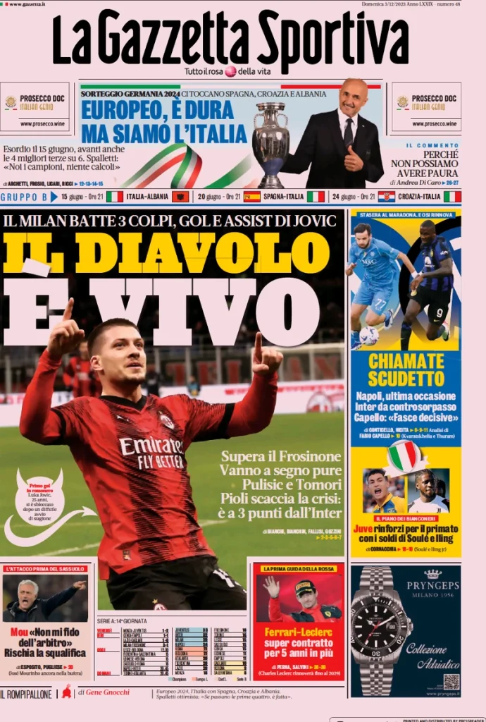 Le Prime Pagine Sportive Nazionali – 3 dicembre 27 Gazzetta dello Sport