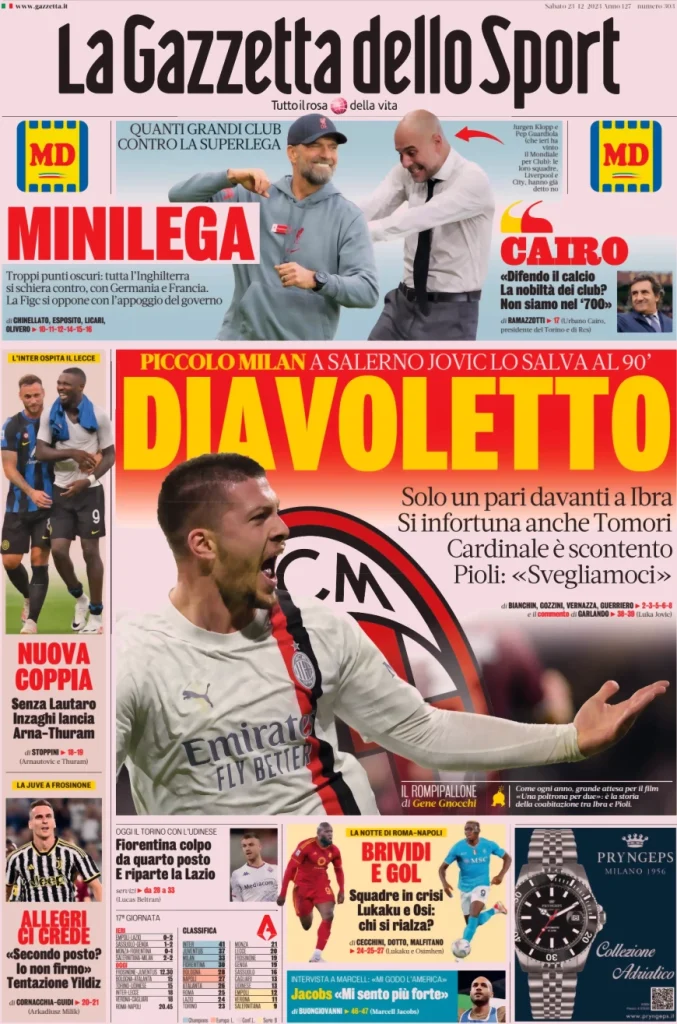 Le Prime Pagine Sportive Nazionali – 23 dicembre 27 Gazzetta dello Sport 8