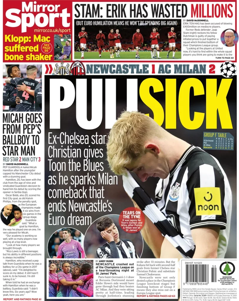 Le Prime Pagine Sportive Internazionali – 14 dicembre 30 Mirror 2