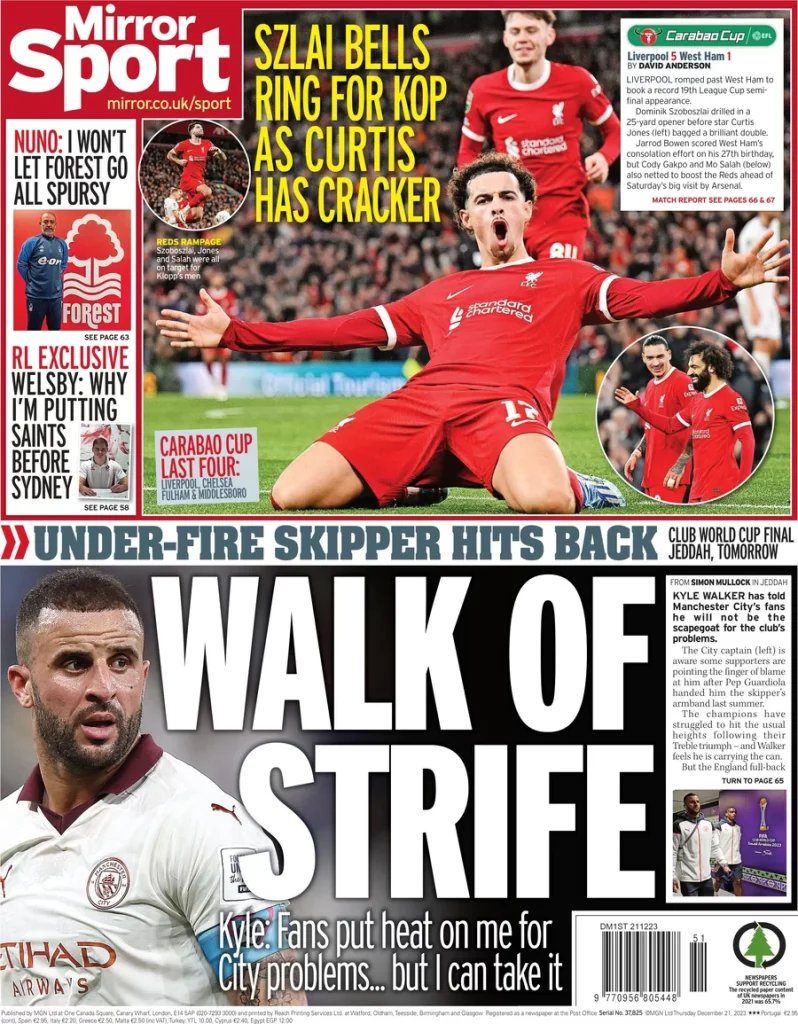 Le Prime Pagine Sportive Internazionali – 21 dicembre 31 Mirror 3