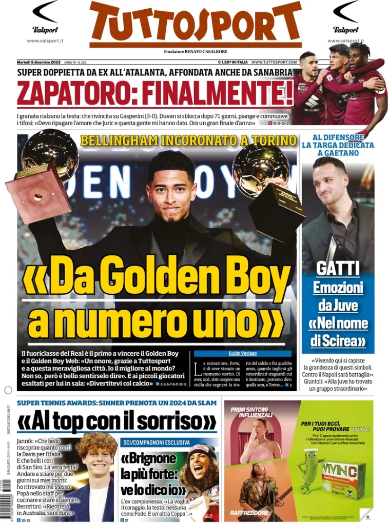 Le Prime Pagine Sportive Nazionali – 5 dicembre 29 Tuttosport 1