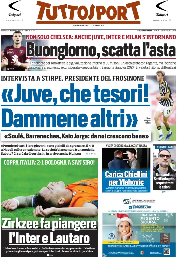 Le Prime Pagine Sportive Nazionali – 21 dicembre 29 Tuttosport 7