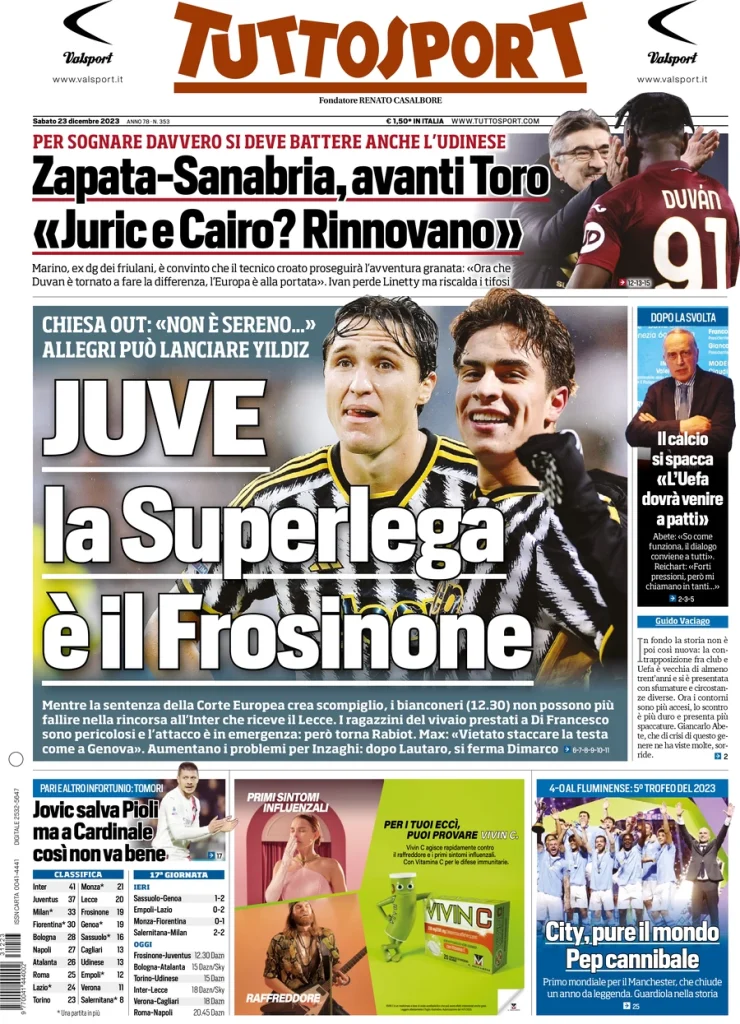 Le Prime Pagine Sportive Nazionali – 23 dicembre 29 Tuttosport 8