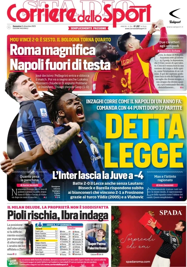 Le Prime Pagine Sportive Nazionali – 24 dicembre 28 corriere dello sport 011202134