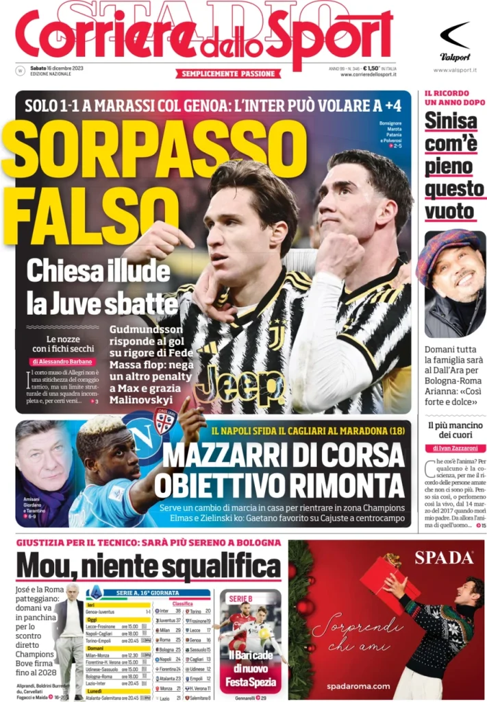 Le Prime Pagine Sportive Nazionali – 16 dicembre 27 corriere dello sport 020014332