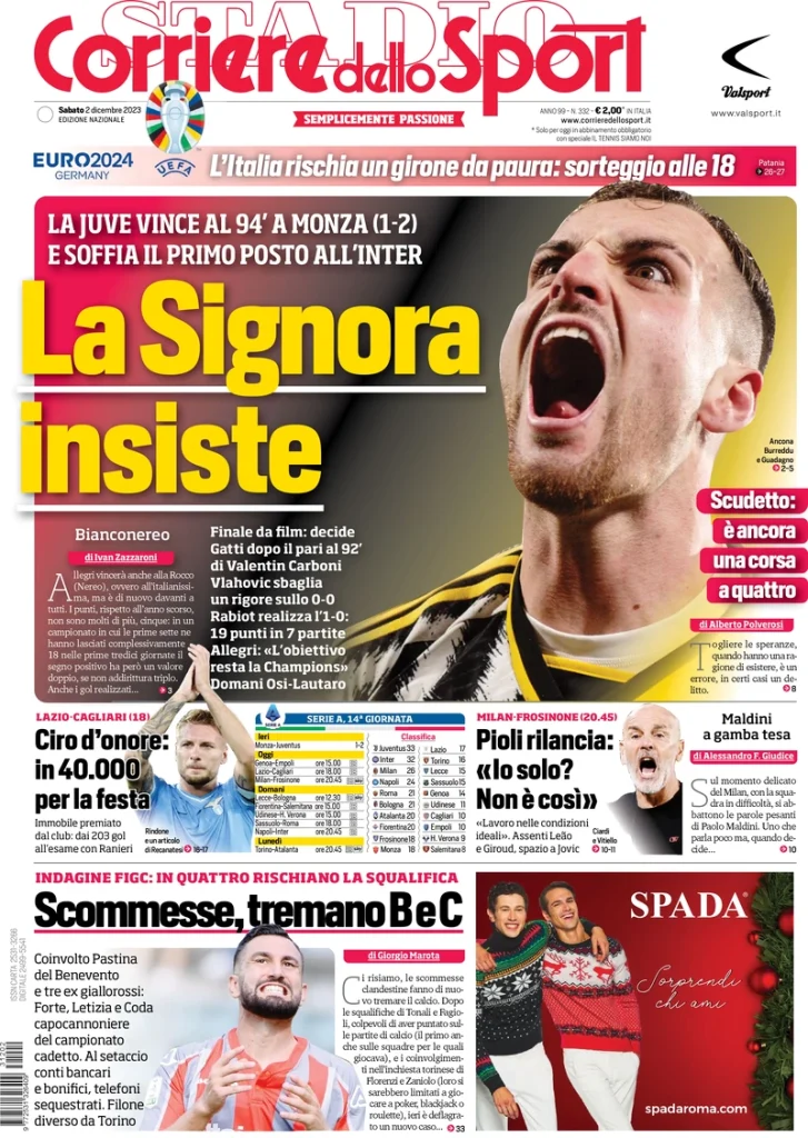 Le Prime Pagine Sportive Nazionali – 2 dicembre 28 corriere dello sport 070706886