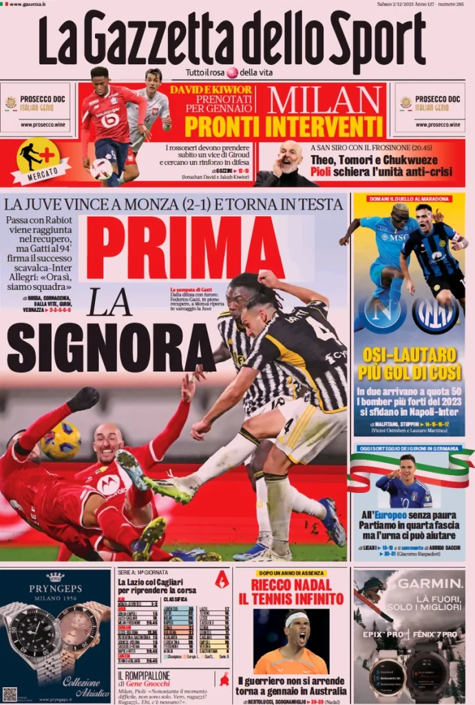 Le Prime Pagine Sportive Nazionali – 2 dicembre 27 la gazzetta dello sport 031202886