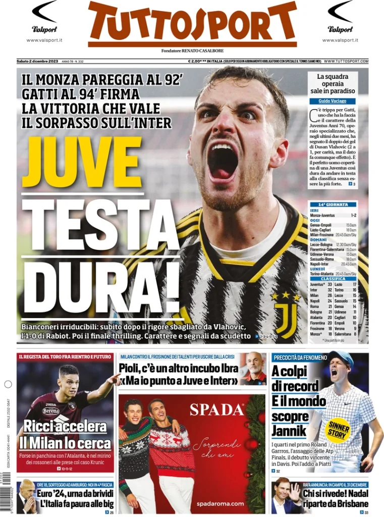 Le Prime Pagine Sportive Nazionali – 2 dicembre 29 tuttosport 072139655