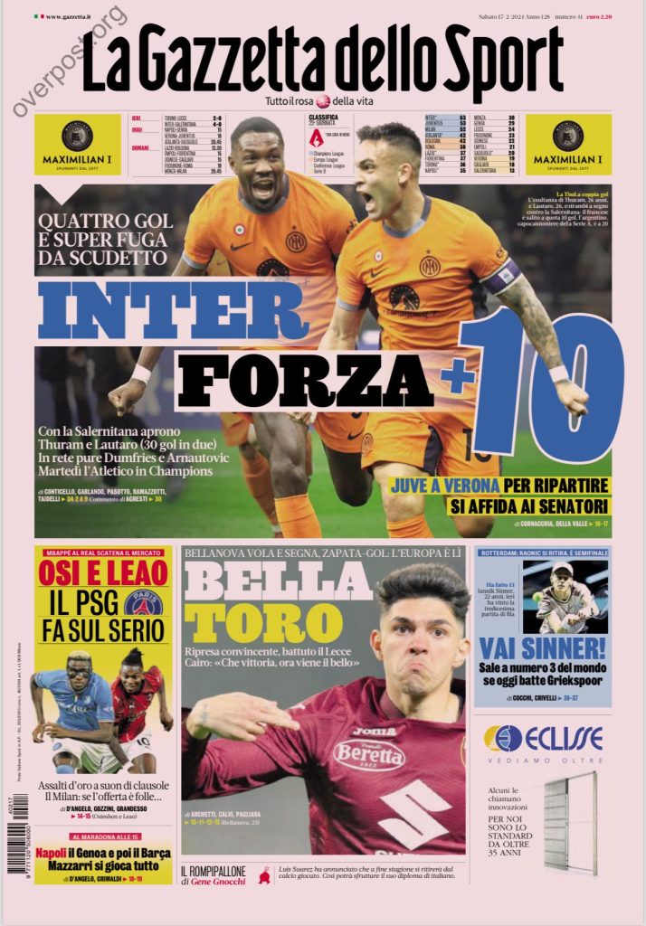 Le Prime Pagine Sportive Nazionali - 17 febbraio 27 1 5