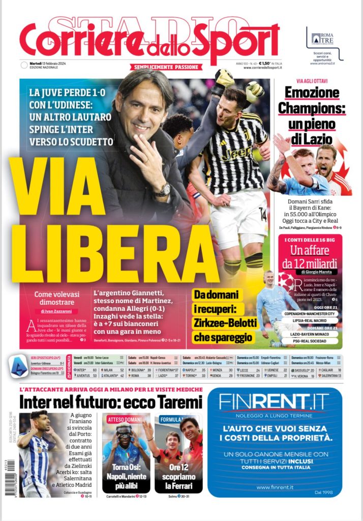 Le Prime Pagine Sportive Nazionali - 13 febbraio 28 2 4
