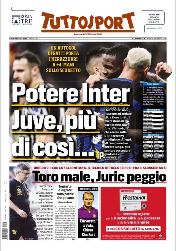 Le Prime Pagine Sportive Nazionali - 5 febbraio 29 3 1