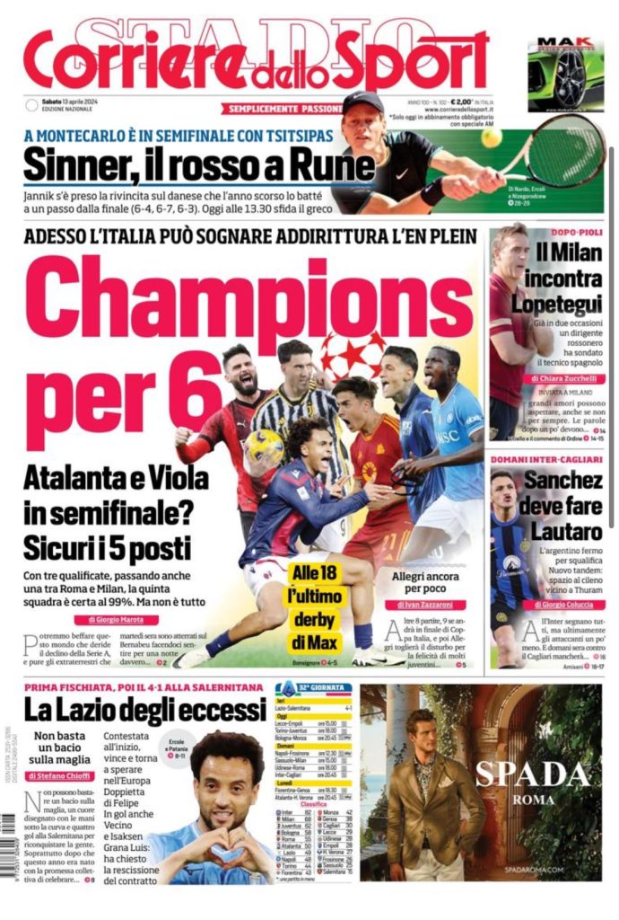 Le Prime Pagine Sportive Nazionali - 13 aprile 28 2