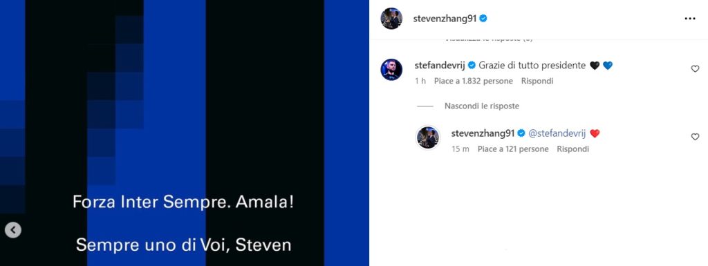 De Vrij saluta Zhang, il messaggio dell'olandese sotto il post dell'ex presidente dell'Inter - FOTO 27 de vrij zhang social