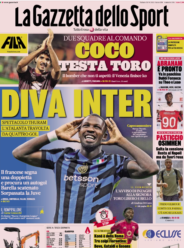 Le Prime Pagine Sportive Nazionali - 31 agosto 2024 28 gazzetta dello sport