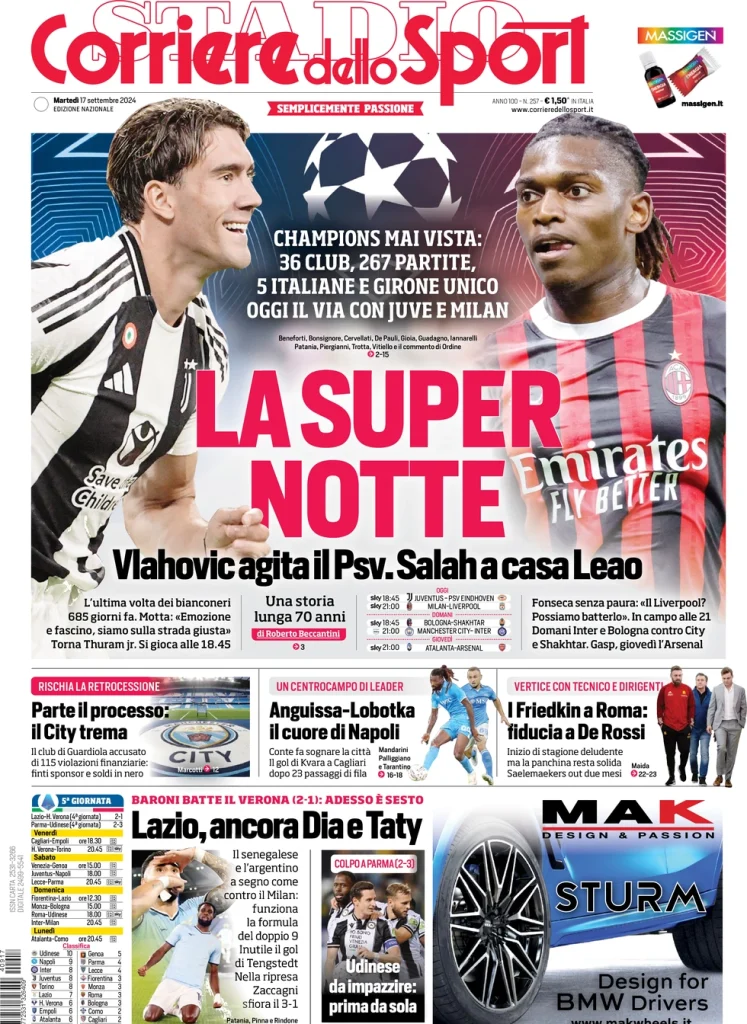 Le Prime Pagine Sportive Nazionali – 17 settembre 2024 27 corriere dello sport 054928823