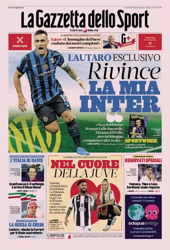 Le Prime Pagine Sportive Nazionali – 13 settembre 2024 28 la gazzetta dello sport 010028750