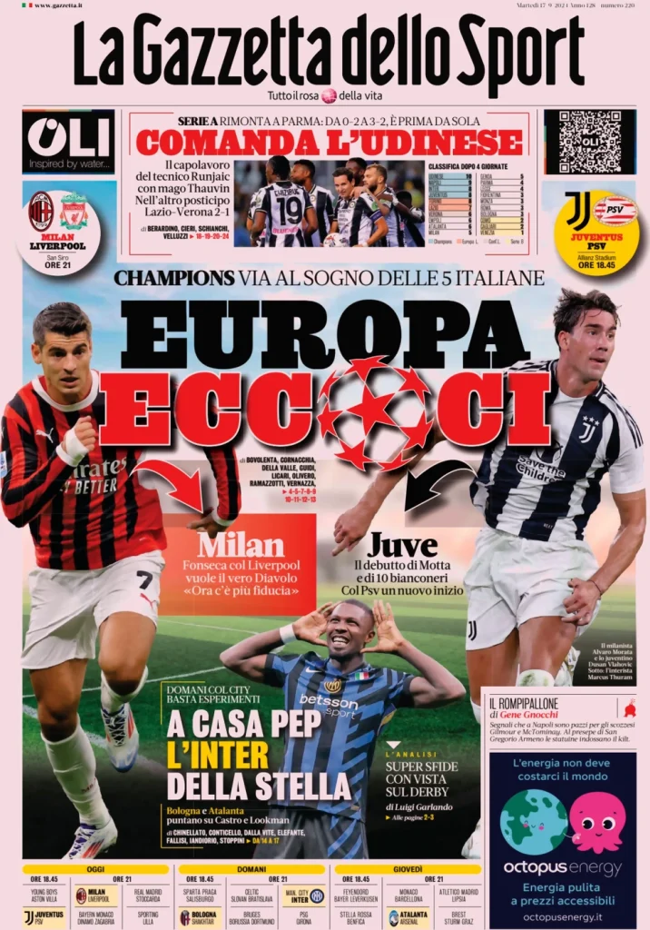 Le Prime Pagine Sportive Nazionali – 17 settembre 2024 29 la gazzetta dello sport 051203928