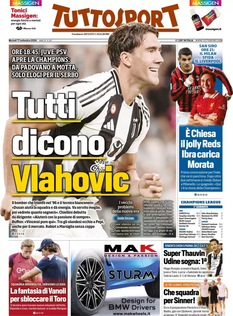 Le Prime Pagine Sportive Nazionali – 17 settembre 2024 28 tuttosport 021207693