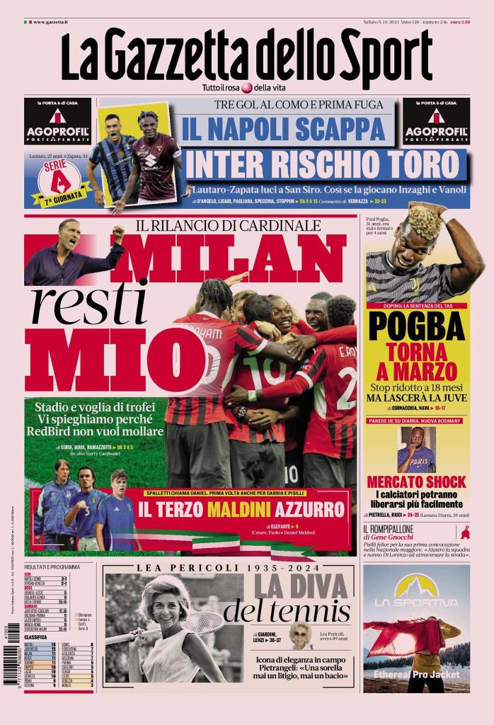 Le Prime Pagine Sportive Nazionali - 5 ottobre 2024 28 gazzetta dello sport 1