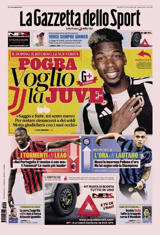 Le Prime Pagine Sportive Nazionali – 17 ottobre 2024 27 la gazzetta dello sport 010035601