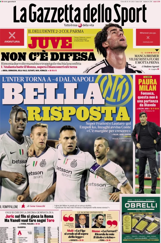 Le Prime Pagine Sportive Nazionali – 31 ottobre 2024 27 la gazzetta dello sport 054926714