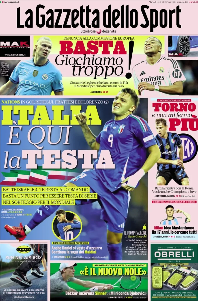 Le Prime Pagine Sportive Nazionali – 15 ottobre 2024 27 la gazzetta dello sport 075843137