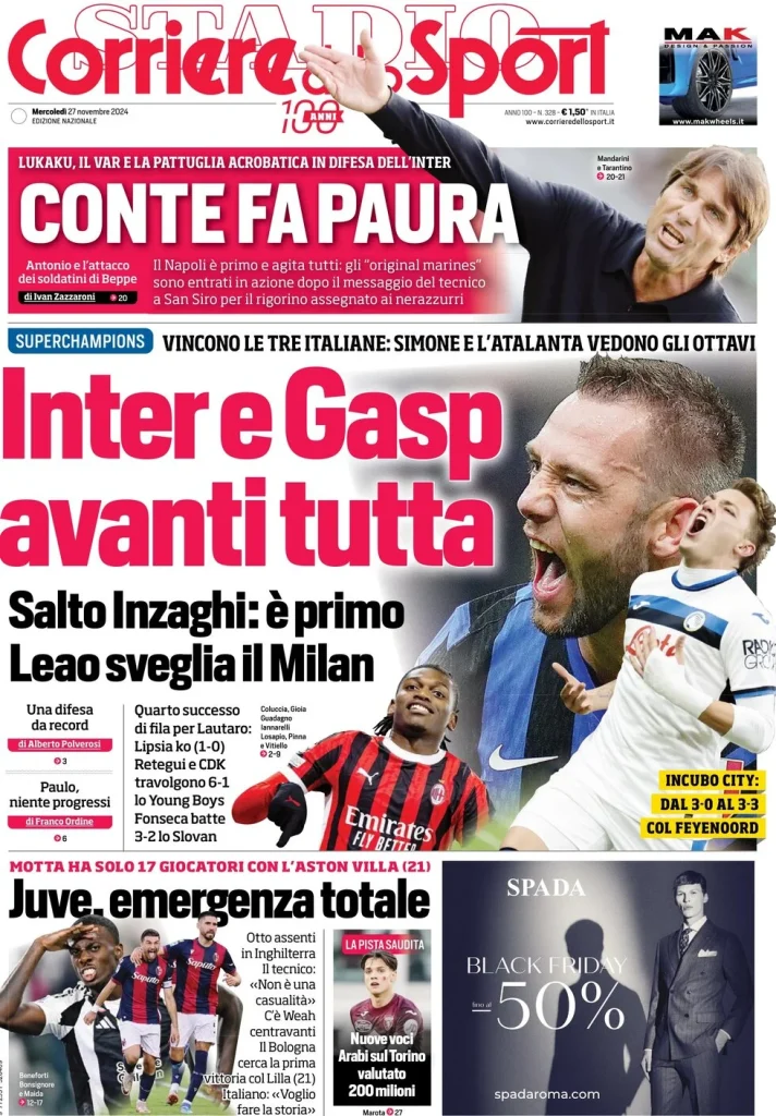 Le Prime Pagine Sportive Nazionali – 27 novembre 2024 29 corriere dello sport 030025781