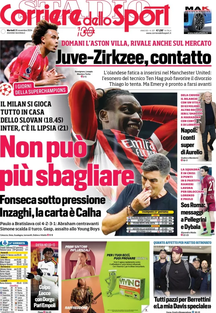 Le Prime Pagine Sportive Nazionali – 26 novembre 2024 27 corriere dello sport 060955812
