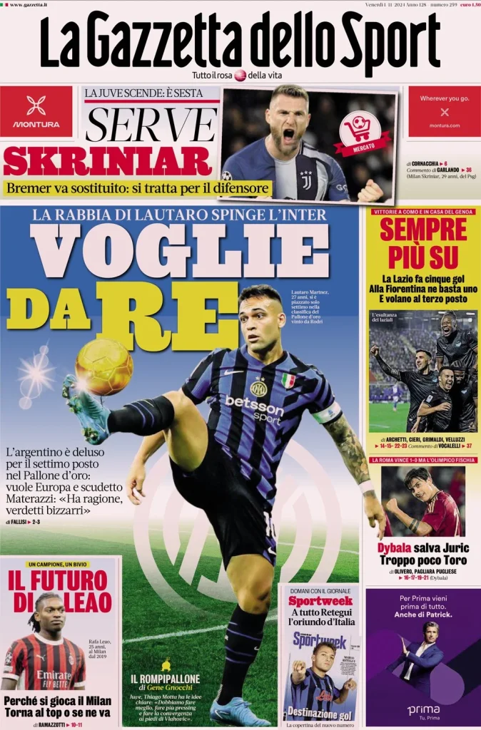 Le Prime Pagine Sportive Nazionali – 01 novembre 2024 27 la gazzetta dello sport 054409738