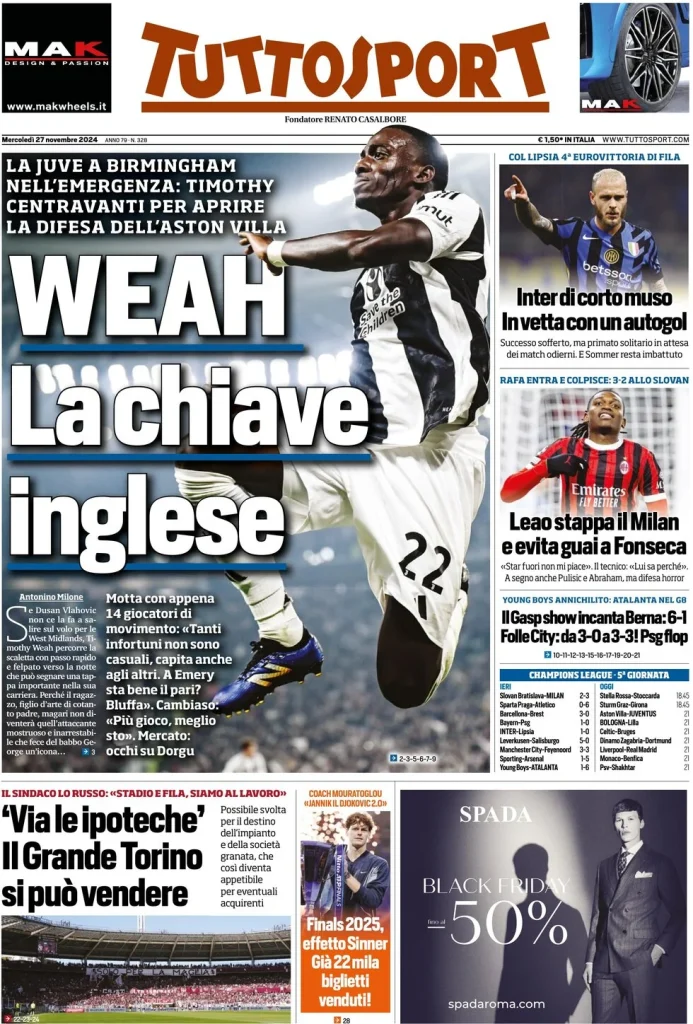 Le Prime Pagine Sportive Nazionali – 27 novembre 2024 27 tuttosport 030014392