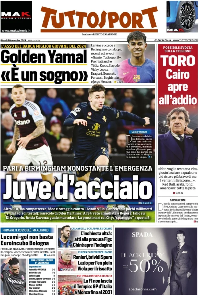 Le Prime Pagine Sportive Nazionali – 28 novembre 2024 28 tuttosport 030014851