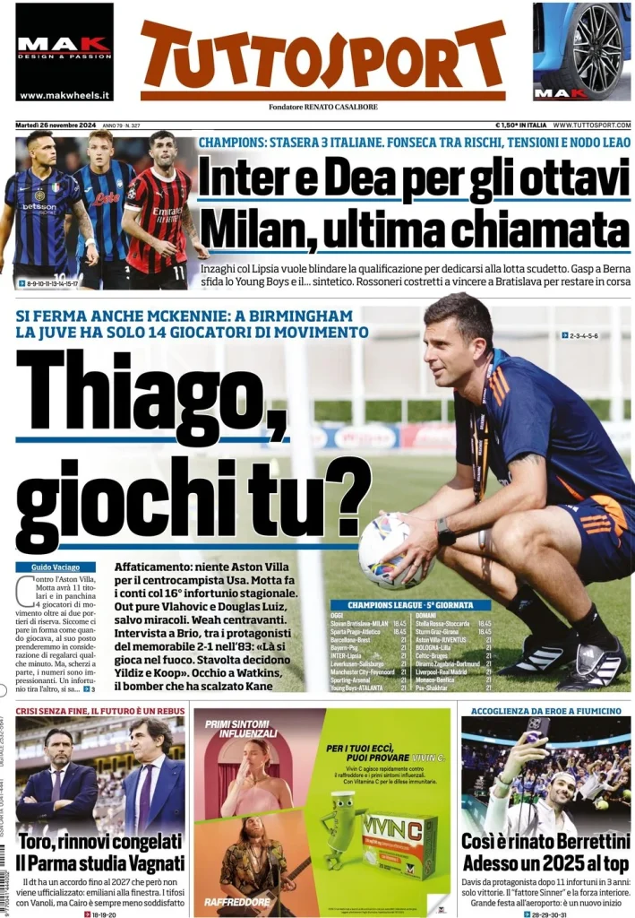 Le Prime Pagine Sportive Nazionali – 26 novembre 2024 28 tuttosport 030015709