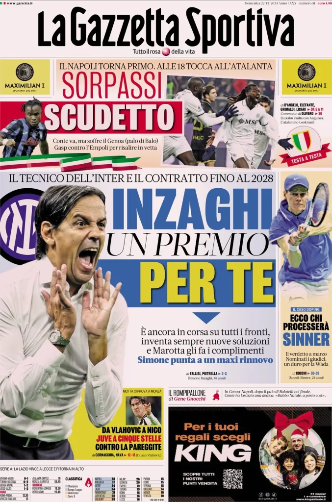 Le Prime Pagine Sportive Nazionali – 22 dicembre 2024 27 la gazzetta dello sport 063443840